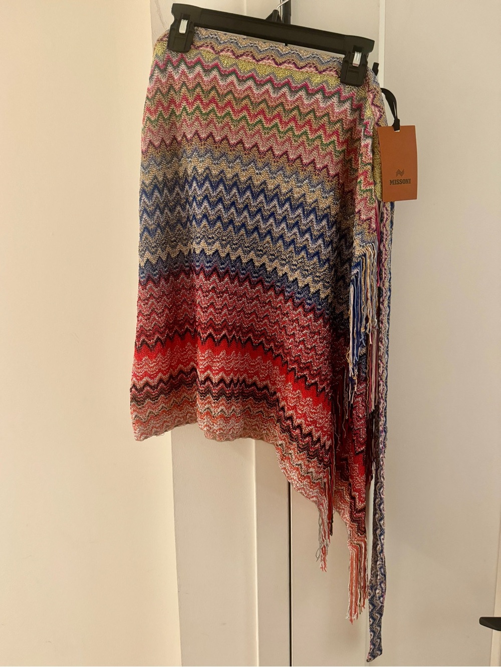 Missoni Multicolor Zigzag Fringe Asymmetrical Knit Wrap Sarong Skirt